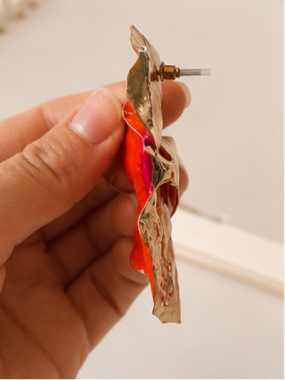 Red Orange Floral Statement Earrings | Enamel Flower Petal Gold Tone - Picture 3 of 4